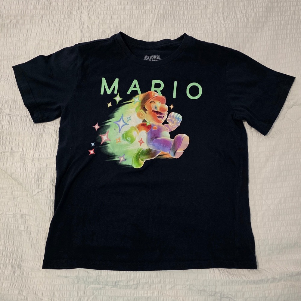 Super Mario Nintendo Kids Navy Blue Graphic T-Shirt Size Medium M Running Mario